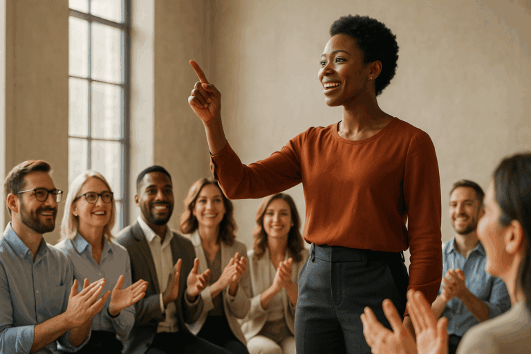 Mulher de pé gesticulando alegremente enquanto faz uma apresentação para um grupo de pessoas que a aplaudem, em ambiente moderno e iluminado.