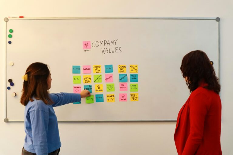 Duas mulheres discutindo valores da empresa em um quadro branco com post-its coloridos. Elas analisam tópicos como diversidade e respeito.