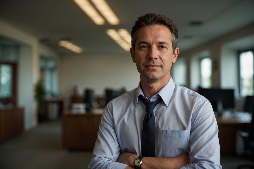 Homem em um escritório moderno, vestido de camisa e gravata, com expressão confiante. A imagem retrata um ambiente corporativo eficaz e profissional.